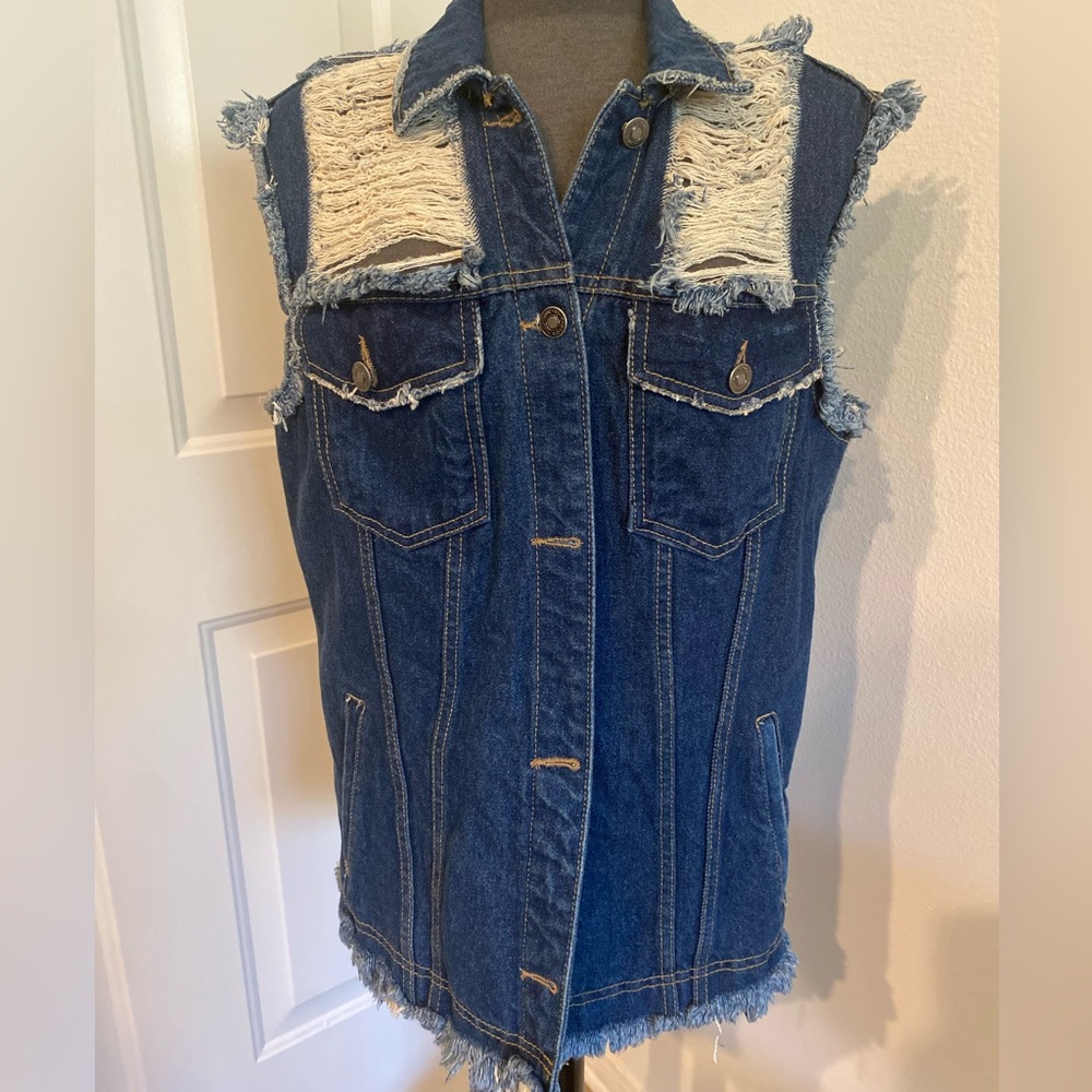 Distressed Dark Blue Denim Vest with Frayed Shoulders